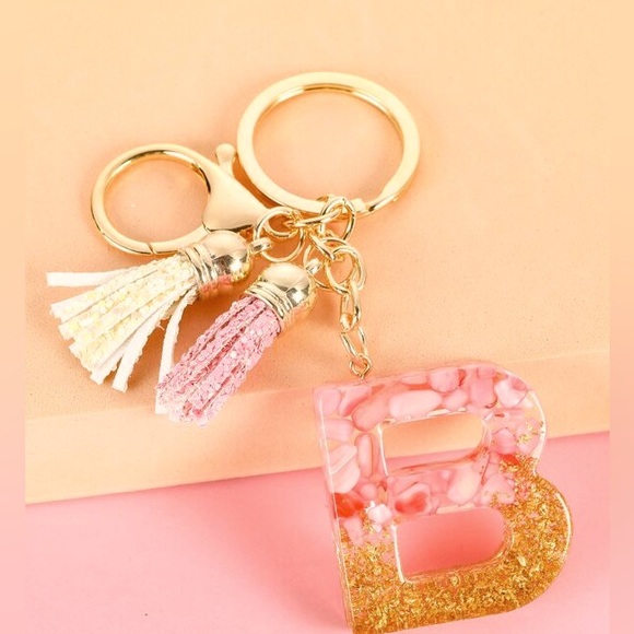 Accessories - Letter B Keychain/Bag Charm in Pink and Gold with tassels